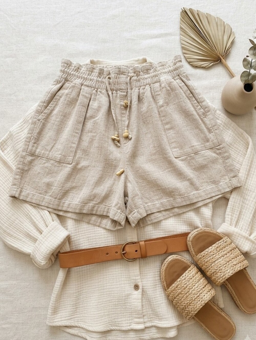 Raya Sun Linen Cotton Cream Tan Shorts